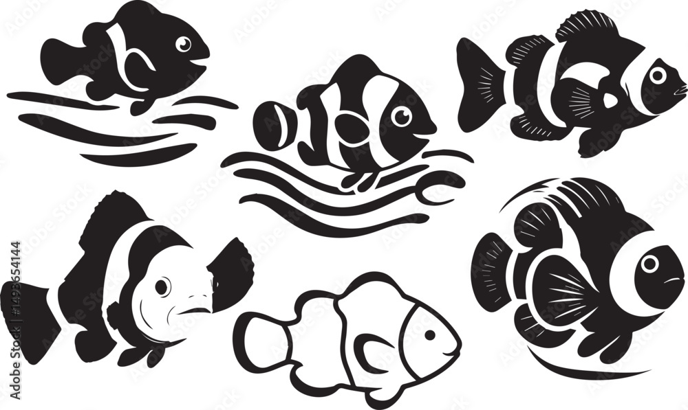 Fototapeta premium Collection of black and white clownfish silhouettes swimming