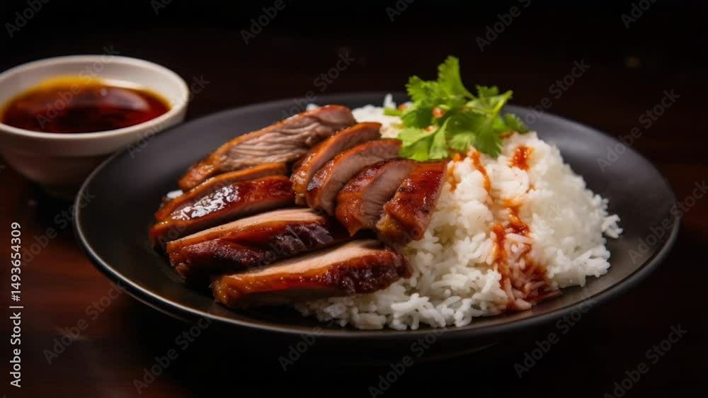 roasted duck with rice with hot smoke on background