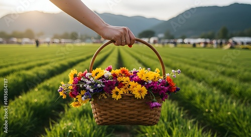 Holding Basket of Colorful Flowers in a Grassy Field at Sunset