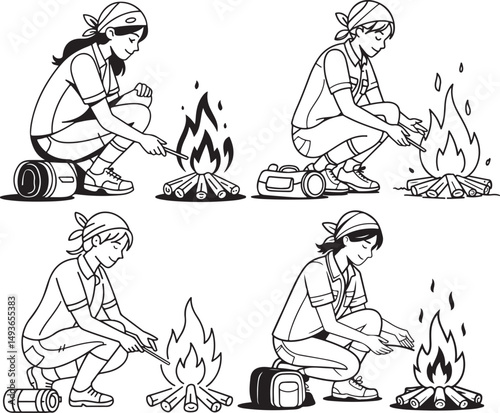 Cartoon Female Camper Starting Campfire line art vector illustration
