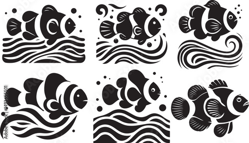 Six stylized black and white clownfish swimming in wavy ocean