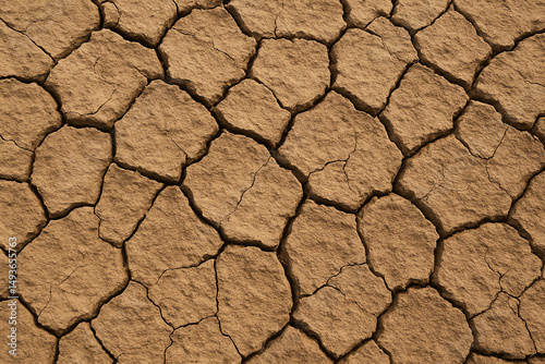 A close-up view of cracked dry soil, representing drought and the impact of environmental changes. This texture showcases the effects of climate change on Earth's surface.