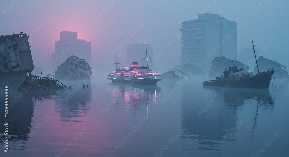Naklejka premium Ferry Navigating Flooded City Ruins in Foggy Weather