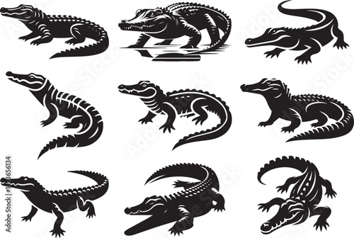 Collection of nine black silhouette crocodiles alligator reptiles wildlife animals