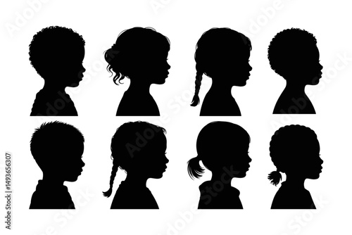 Diverse Children Silhouette Vector Set Kids Profiles Side View