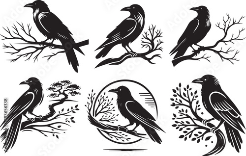 Six silhouettes of crows perched on branches and trees