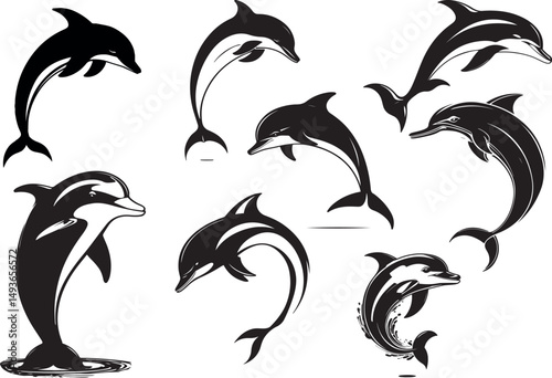 Collection of stylized dolphin silhouettes leaping and swimming