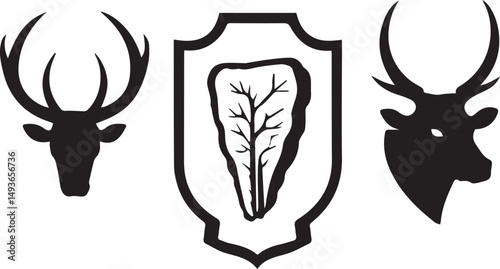 Silhouette deer heads and ancient artifact crest design