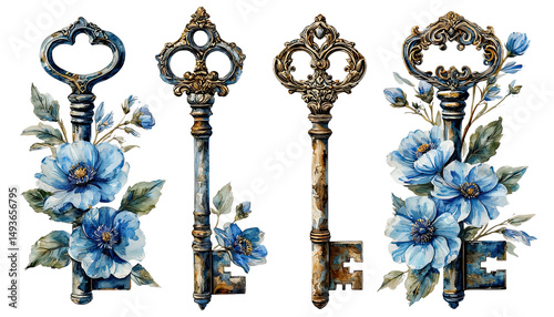 Fototapeta Naklejka Na Ścianę i Meble -  a watercolor painting depicts four antique keys adorned with vibrant blue anemone flowers and delicate foliage.