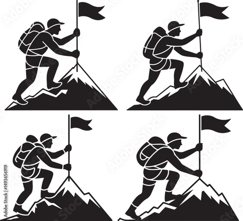 Rugged Mountain Climber Reaching Summit and Planting Flag vector illustration