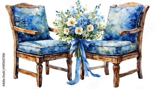Fototapeta Naklejka Na Ścianę i Meble -  a watercolor painting depicts two ornate wooden chairs flanking a bouquet of white and blue flowers tied with a matching ribbon.