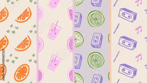 Fresh summer vibe with sweet fruits drinks and music notes adding joyful moments to light pastel