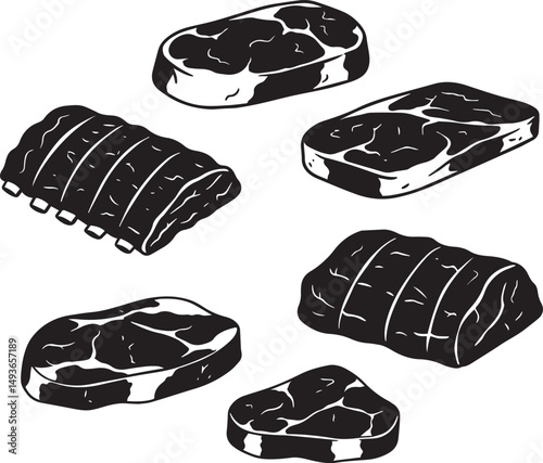 Variety of cuts of meat black and white illustration