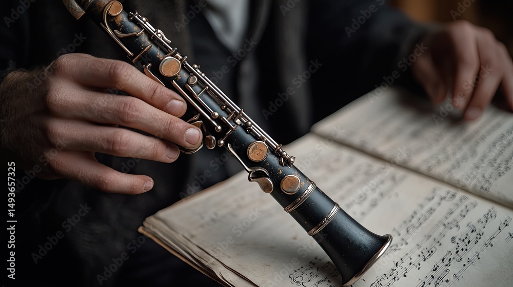 Fototapeta premium A person holds a vintage oboe over a music book
