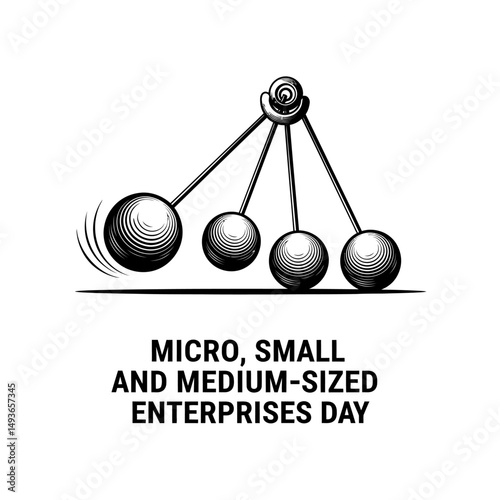 A black and white illustration of a newton's cradle with swinging spheres and a flat base line art
