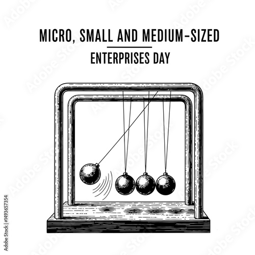 Illustration of newton's cradle with swinging balls and text above it in black and white tones