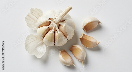 Fresh garlic cloves and bulb on white background healthy cooking ingredient flavor enhancer seasoning spice photo