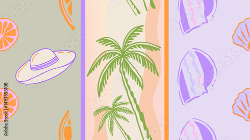 Evoking a summer holiday with tropical palm trees seashells hats and citrus fruits in light color