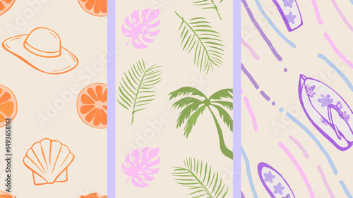 Breezy summer vibes in a seamless tropical pattern with sun hats surfboards and soft pastel color