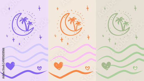 Serene beach dreams with moon palm trees and hearts in pastel summer colors vector style minimalist