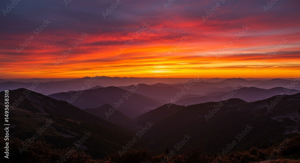 Obraz premium Majestic Mountain Sunset - Breathtaking sunset over a vast mountain range, vibrant colors paint the sky