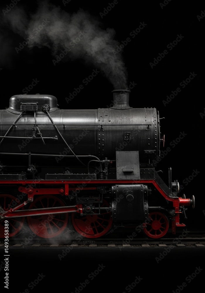 Naklejka premium Majestic Steam Locomotive at Night - A powerful vintage steam locomotive, illuminated against a dark background, symbolizes strength, progress, history, industry, and adventure