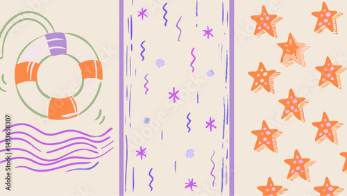 A whimsical seaside adventure pattern featuring life preserver sea stars confetti pastel background