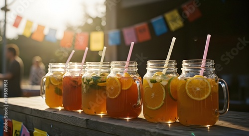 Refreshing Fruit Infused Drinks in Jars with Straws on Table