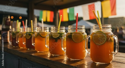 Refreshing Citrus Drink in Mason Jars with Straws on Wooden Bar