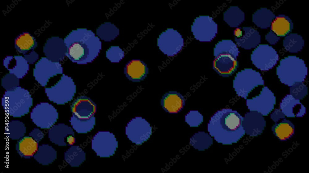 Retro Memphis pixelated moving circle shape animation in navy blue. Animation of circle and shapes movement speed on pink background. Game dark blue movement speed shapes background