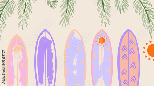 Pastel surfboards lined up ready for a sun soaked beach day filled with summer adventures in simple