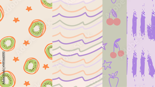 A whimsical collage celebrating fruity patterns abstract lines and retro vibes with a muted pastel