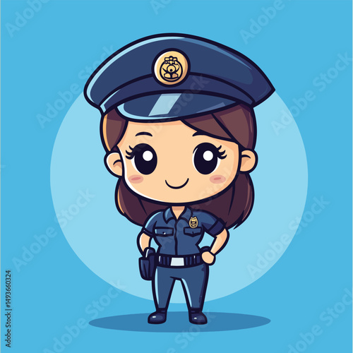 Adorable Cartoon Policewoman with Big Eyes and Blue Uniform