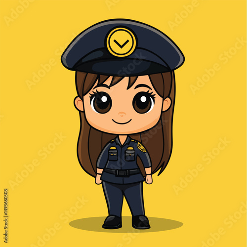 Adorable Cartoon Policewoman with Large Eyes and Dark Hair
