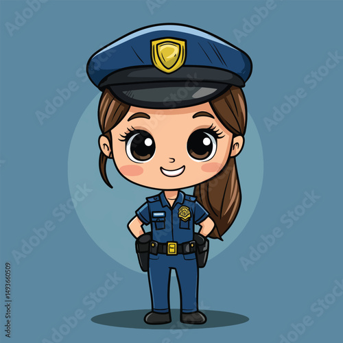 Adorable Cartoon Policewoman with Large Eyes and Blue Uniform