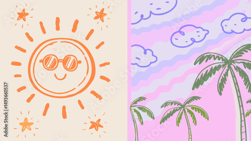 A whimsical sun with sunglasses radiates joy alongside dreamy pastel palms creating a carefree