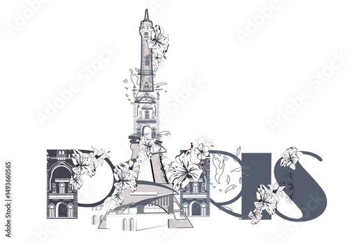 Lettering Paris decorated with summer and spring flowers. Hand drawn vector illustration.