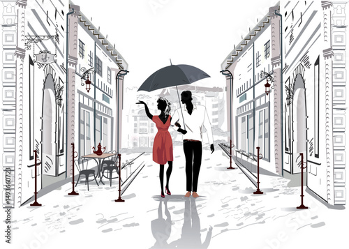 Series of city backgrounds with french architecture decorated with flowers, street cafes and a romantic couple. Hand drawn vector illustration.