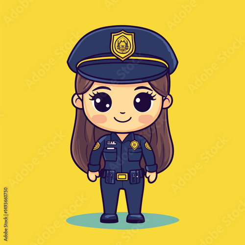 Adorable Cartoon Policewoman with Long Brown Hair and Blue Uniform