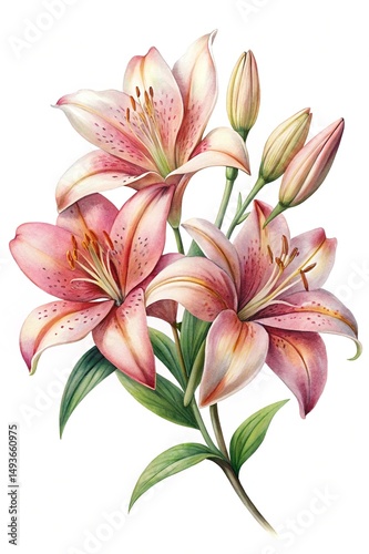 Detailed watercolor illustration of pink stargazer lilies with buds and leaves