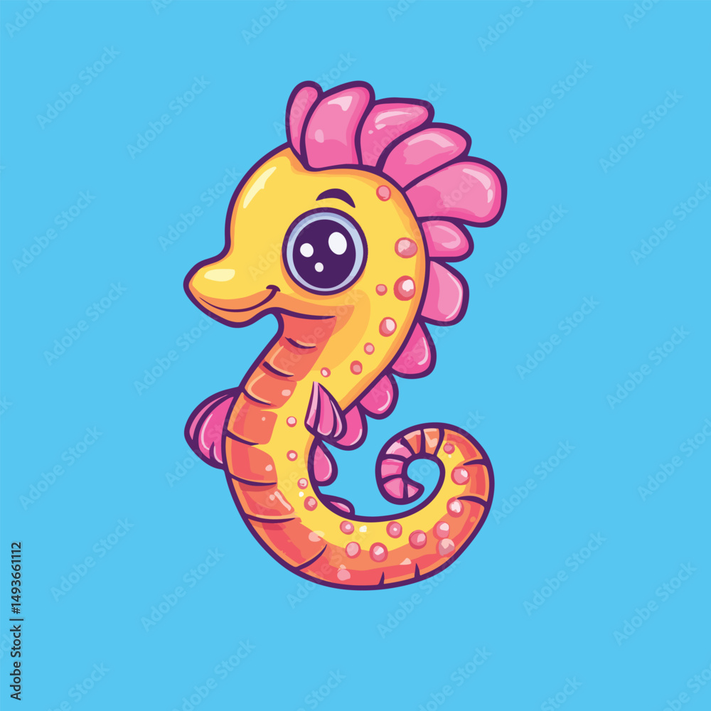 Fototapeta premium Adorable Cartoon Seahorse with Pink Crest and Large Eyes