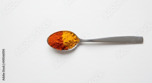 Spoonful of turmeric and paprika spices culinary ingredients for cooking food flavor and color enhancer