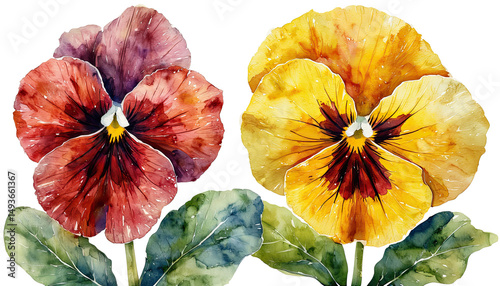 Fototapeta Naklejka Na Ścianę i Meble -  a delicate watercolor painting depicts two vibrant pansy flowers, one a rich burgundy and the other a sunny yellow, both with dark velvety centers and lush green foliage.