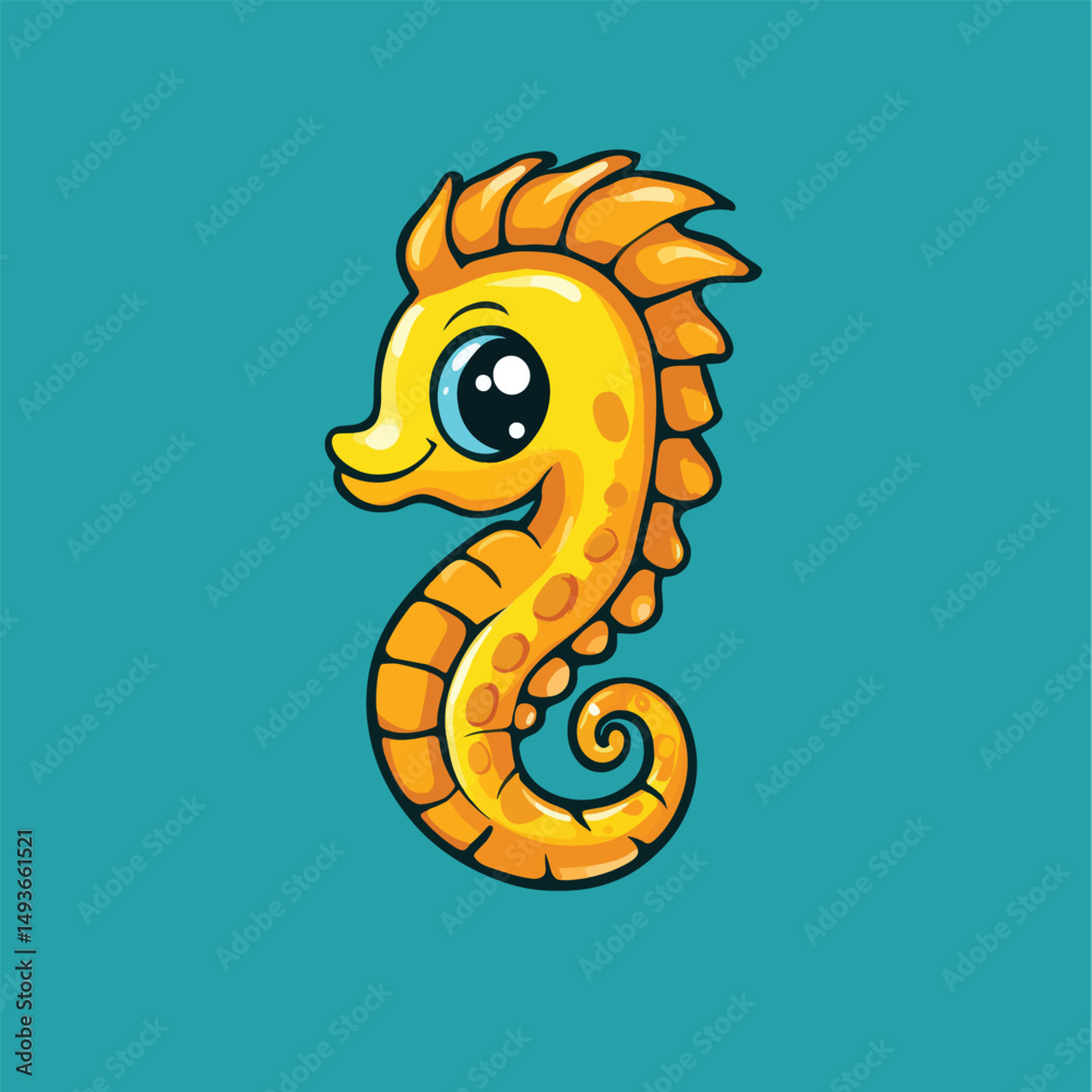 Fototapeta premium Adorable Golden Seahorse Cartoon Character with Large Eyes