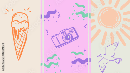 A sweet summer escape illustrated with sun camera ice cream cone and a seagull with pastel tones and