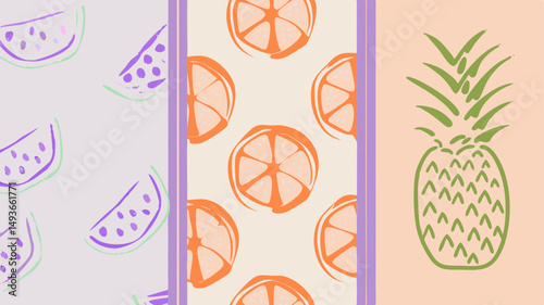 Three vibrant panels showcasing summer s sweet bounty watermelon orange and pineapple against a soft