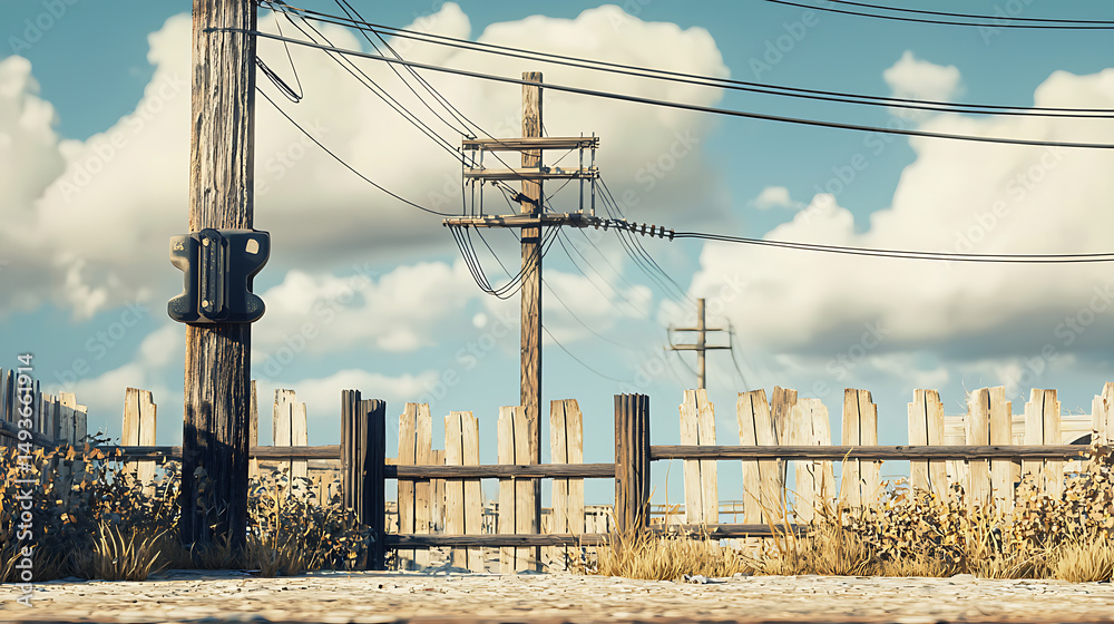 Illustration of Telephone Poles and Wooden Fence