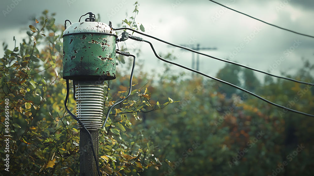 Vintage Electrical Transformer on Pole in Rural Setting