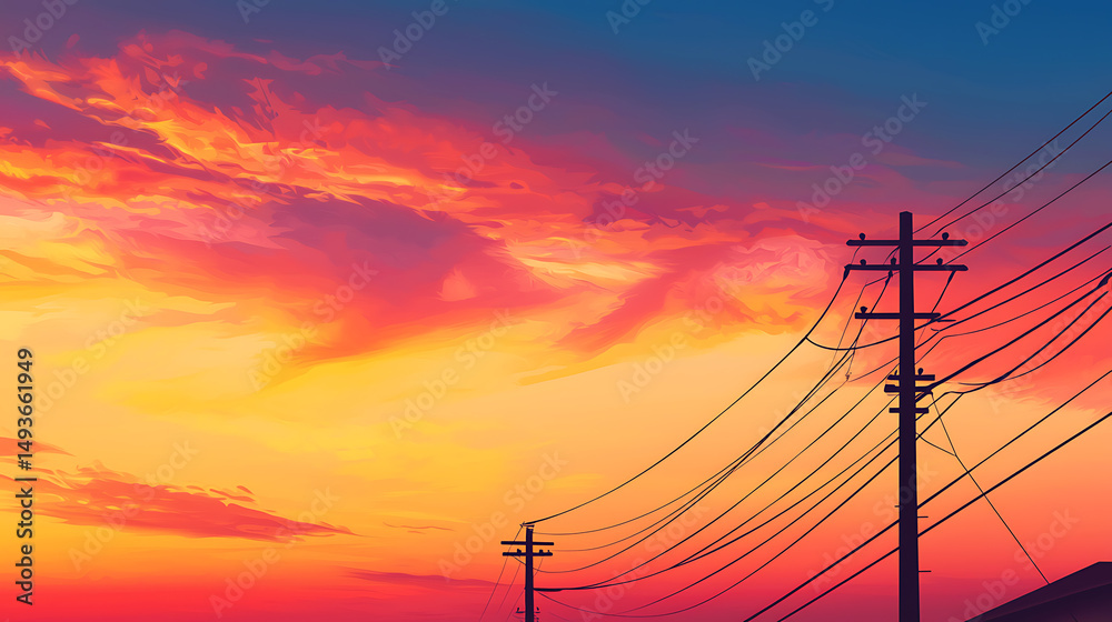 Vibrant Sunset Sky with Power Lines Illustration