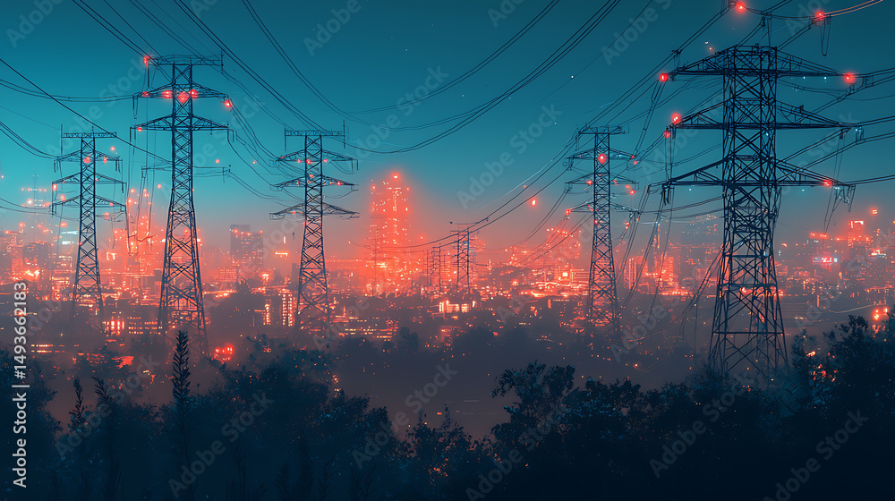 Scenic Sky with Blossom and Power Lines Illustration
